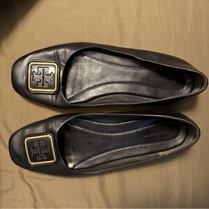 Tory Burch Black Flats with Gold Logo Accent
